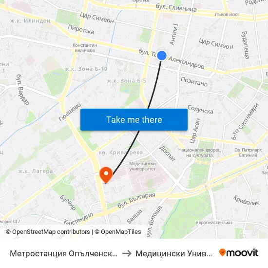 Ⓜ️ Метростанция Опълченска / Opalchenska Metro Station (1058) to Медицински Университет - София (Ректорат) map