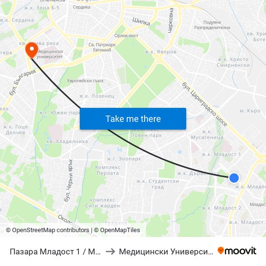Пазара Младост 1 / Mladost 1 Market (0968) to Медицински Университет - София (Ректорат) map
