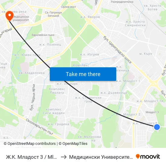 Ж.К. Младост 3 / Mladost 3 Qr. (0665) to Медицински Университет - София (Ректорат) map