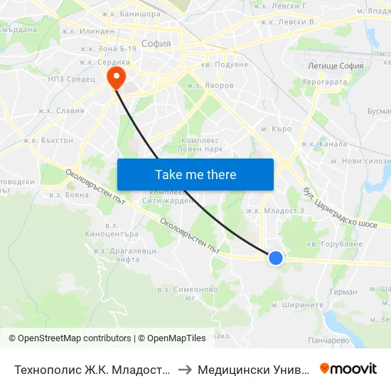 Технополис Ж.К. Младост 4 / Technopolis Mladost 4 Qr. (2495) to Медицински Университет - София (Ректорат) map