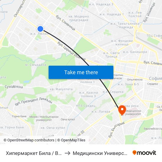 Хипермаркет Била / Billa Hypermarket (2681) to Медицински Университет - София (Ректорат) map