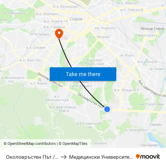 🛍️ Околовръстен Път / Ring Road (0415) to Медицински Университет - София (Ректорат) map