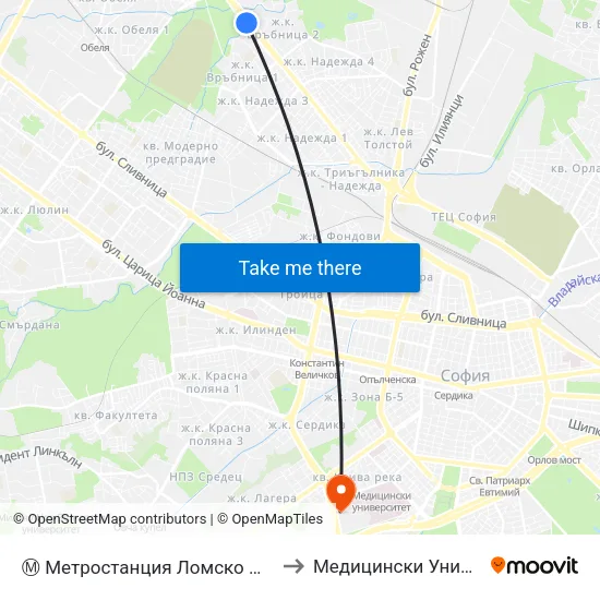 Ⓜ️ Метростанция Ломско Шосе / Lomsko Shose Metro Station (2660) to Медицински Университет - София (Ректорат) map