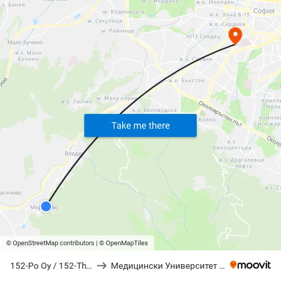 152-Ро Оу / 152-Th School (2283) to Медицински Университет - София (Ректорат) map