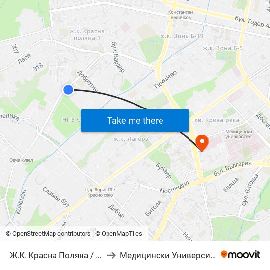 Ж.К. Красна Поляна / Krasna Polyana (0633) to Медицински Университет - София (Ректорат) map