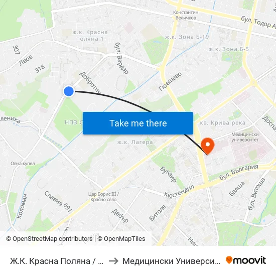 Ж.К. Красна Поляна / Krasna Polyana (0631) to Медицински Университет - София (Ректорат) map