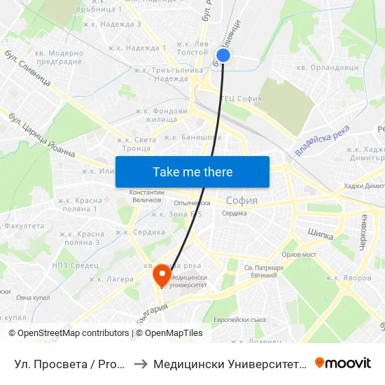 Ул. Просвета / Prosveta St. (2142) to Медицински Университет - София (Ректорат) map