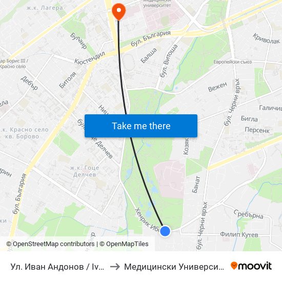 Ул. Иван Андонов / Ivan Andonov St. (1801) to Медицински Университет - София (Ректорат) map
