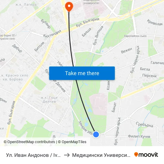 Ул. Иван Андонов / Ivan Andonov St. (1801) to Медицински Университет - София (Ректорат) map