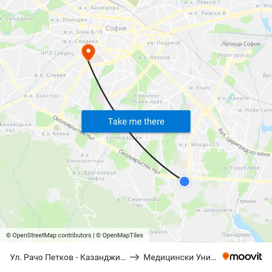 Ул. Рачо Петков - Казанджията / Racho Petkov Kazandzhiyata St. (2650) to Медицински Университет - София (Ректорат) map