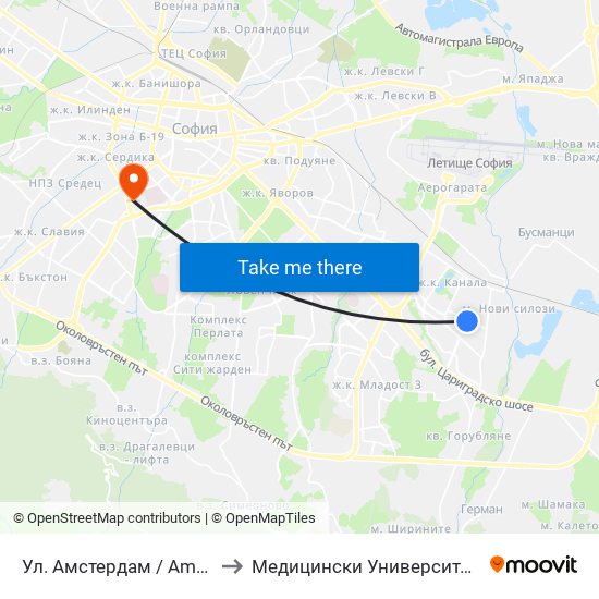 Ул. Амстердам / Amsterdam St. (2587) to Медицински Университет - София (Ректорат) map