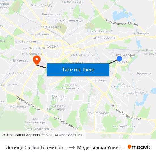 Летище София Терминал 1 / Sofia Airport Terminal 1 (1006) to Медицински Университет - София (Ректорат) map