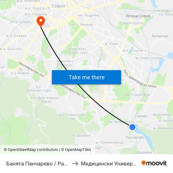 Банята Панчарево / Pancharevo Public Bath (0101) to Медицински Университет - София (Ректорат) map