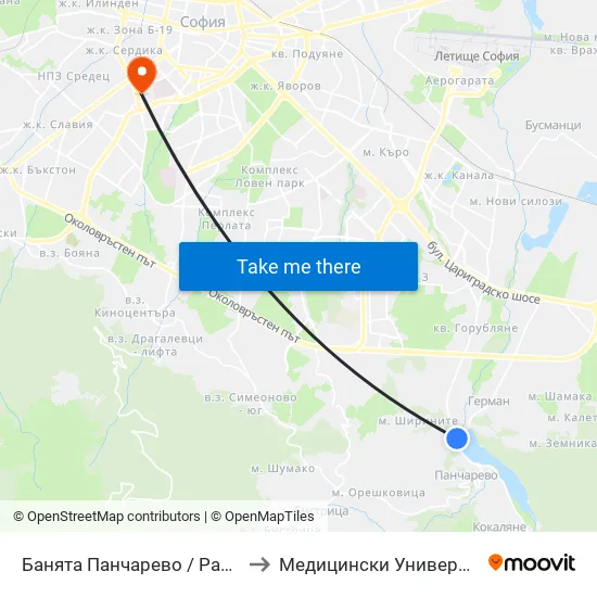 👋 Банята Панчарево / Pancharevo Public Bath (0102) to Медицински Университет - София (Ректорат) map