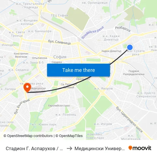 Стадион Г. Аспарухов / G. Asparuhov Stadium (1614) to Медицински Университет - София (Ректорат) map
