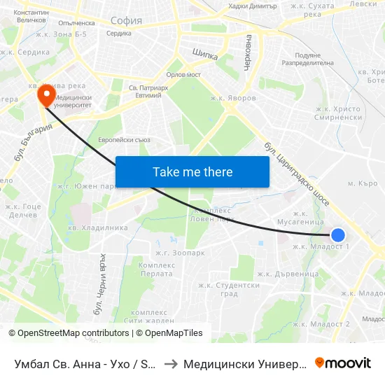 Умбал Св. Анна - Ухо / St. Anna Hospital - Loop (1198) to Медицински Университет - София (Ректорат) map