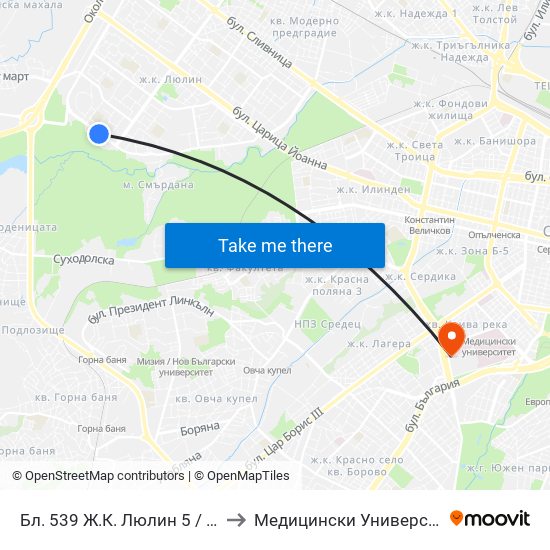 Бл. 539 Ж.К. Люлин 5 / Bl. 539, Lyulin 5 Qr. (0108) to Медицински Университет - София (Ректорат) map