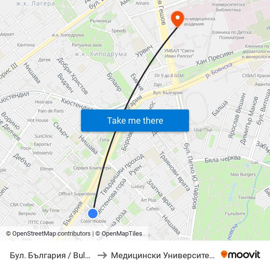 Бул. България / Bulgaria Blvd. (0291) to Медицински Университет - София (Ректорат) map