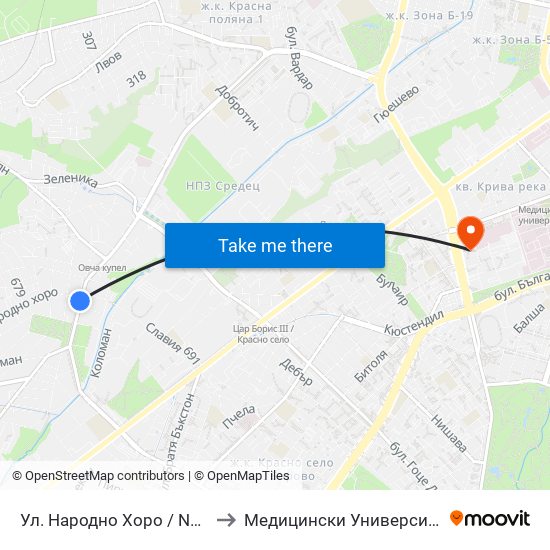 Ул. Народно Хоро / Narodno Horo St. (2054) to Медицински Университет - София (Ректорат) map