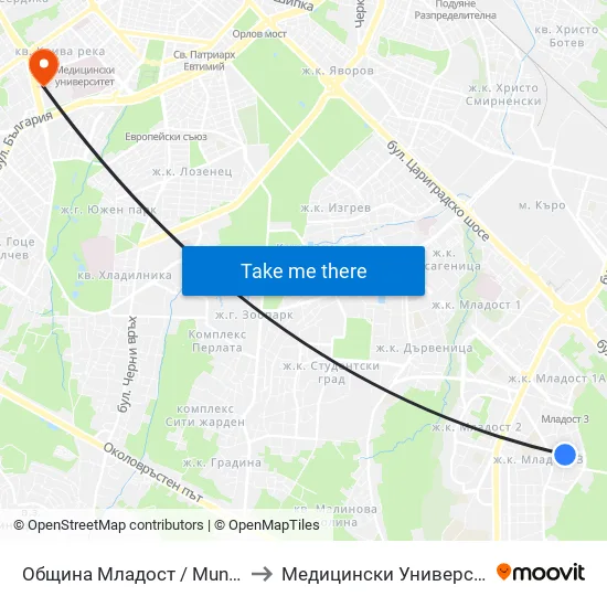 Община Младост / Municipality Of Mladost (0945) to Медицински Университет - София (Ректорат) map