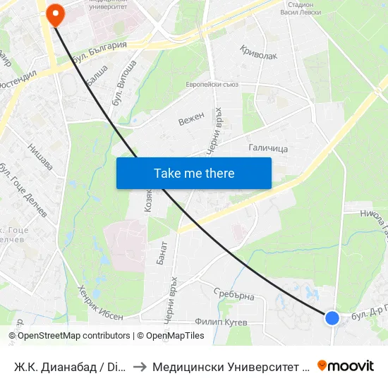 Ж.К. Дианабад / Dianabad (0602) to Медицински Университет - София (Ректорат) map
