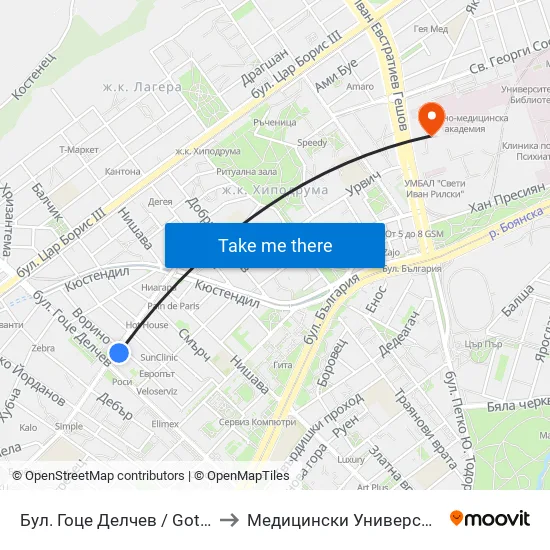 Бул. Гоце Делчев / Gotse Delchev Blvd. (0311) to Медицински Университет - София (Ректорат) map