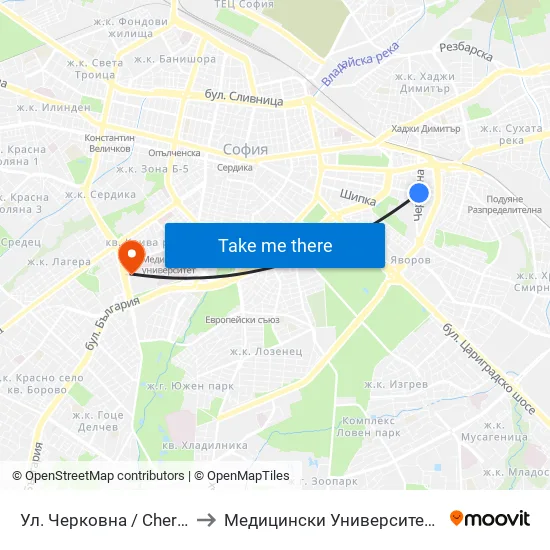 Ул. Черковна / Cherkovna St. (2258) to Медицински Университет - София (Ректорат) map