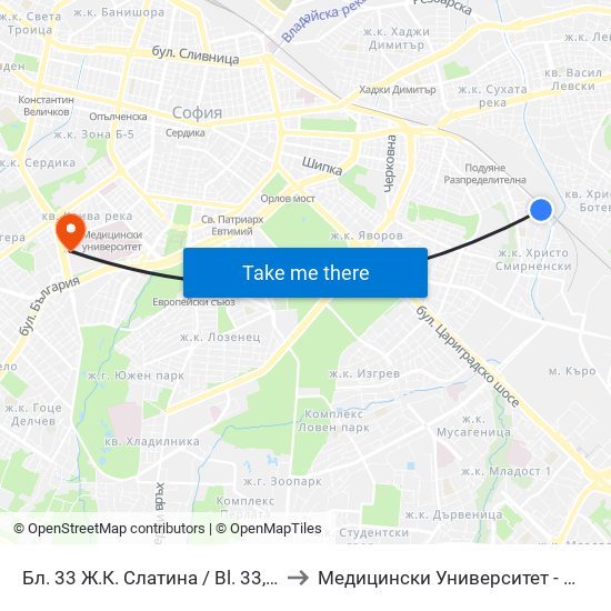 Бл. 33 Ж.К. Слатина / Bl. 33, Slatina Qr. (0109) to Медицински Университет - София (Ректорат) map