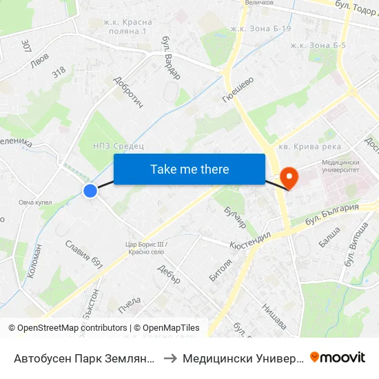 Автобусен Парк Земляне / Zemlyane Bus Depot (0079) to Медицински Университет - София (Ректорат) map