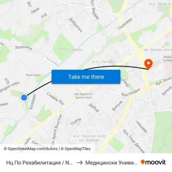 Нц По Рехабилитация / National Rehabilitation Centre (0098) to Медицински Университет - София (Ректорат) map