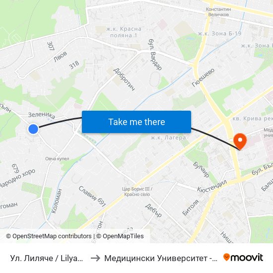 Ул. Лиляче / Lilyache St. (2030) to Медицински Университет - София (Ректорат) map