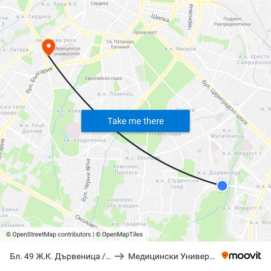 Бл. 49 Ж.К. Дървеница / Bl. 49, Darvenitsa Qr. (1589) to Медицински Университет - София (Ректорат) map