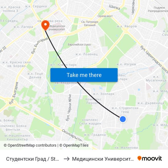 Студентски Град / Students' Town (1694) to Медицински Университет - София (Ректорат) map
