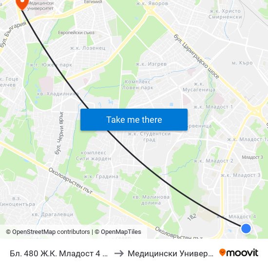 Бл. 480 Ж.К. Младост 4 / Bl. 480, Mladost 4 Qr. (2394) to Медицински Университет - София (Ректорат) map