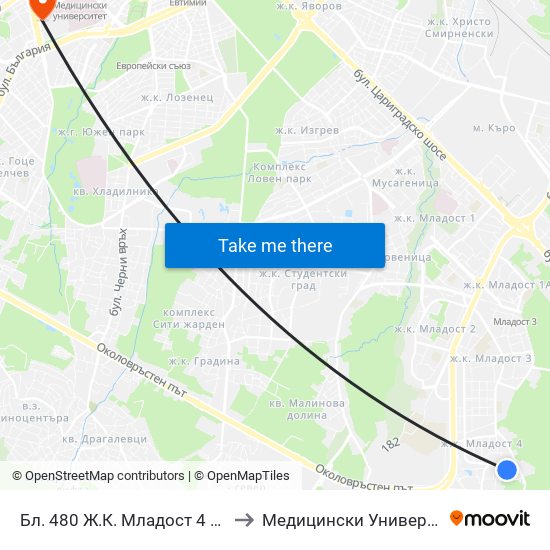 Бл. 480 Ж.К. Младост 4 / Bl. 480, Mladost 4 Qr. (2395) to Медицински Университет - София (Ректорат) map