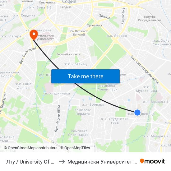 Лту / University Of Forestry (0614) to Медицински Университет - София (Ректорат) map
