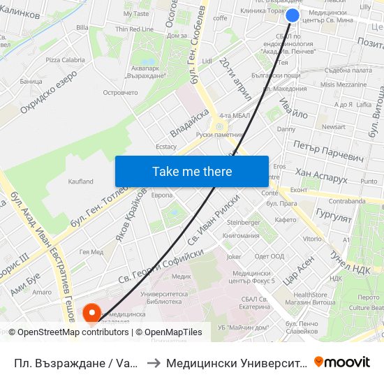 Пл. Възраждане / Vazrazhdane Sq. (1269) to Медицински Университет - София (Ректорат) map