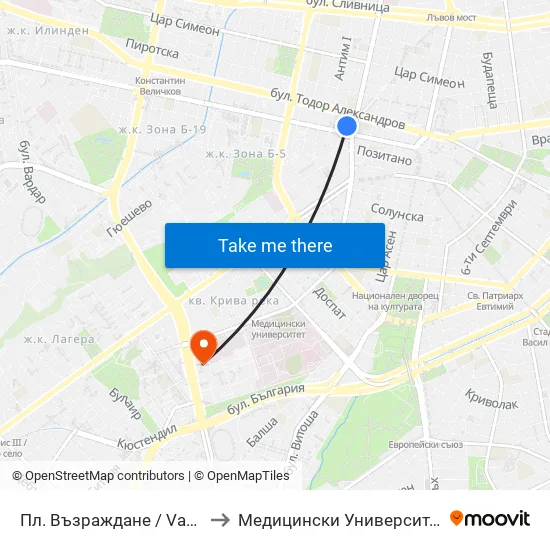 Пл. Възраждане / Vazrazhdane Sq. (1271) to Медицински Университет - София (Ректорат) map
