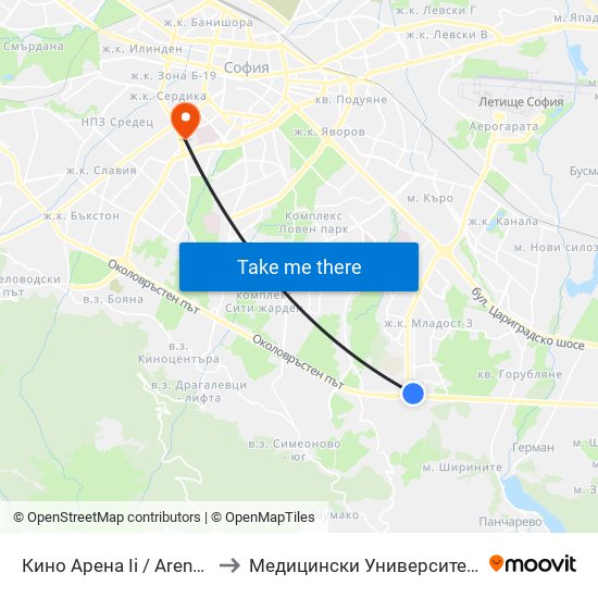 Кино Арена Іі / Arena II Cinema (2648) to Медицински Университет - София (Ректорат) map