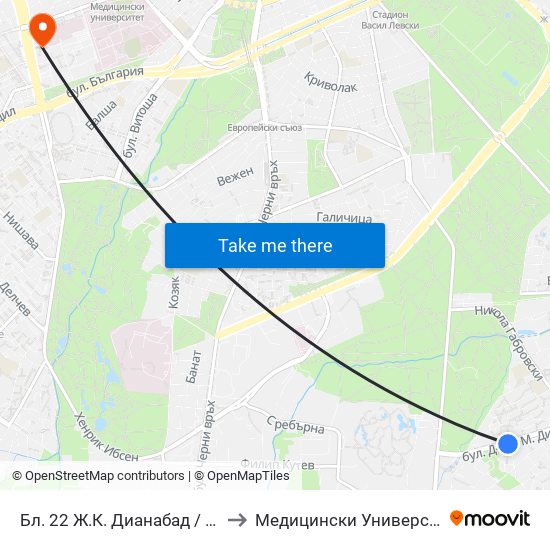 Бл. 22 Ж.К. Дианабад / Bl. 22, Dianabad Qr. (0124) to Медицински Университет - София (Ректорат) map