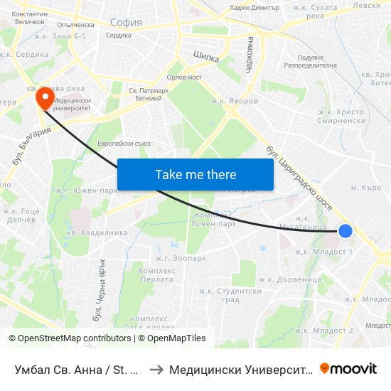 Умбал Св. Анна / St. Anna Hospital (1195) to Медицински Университет - София (Ректорат) map