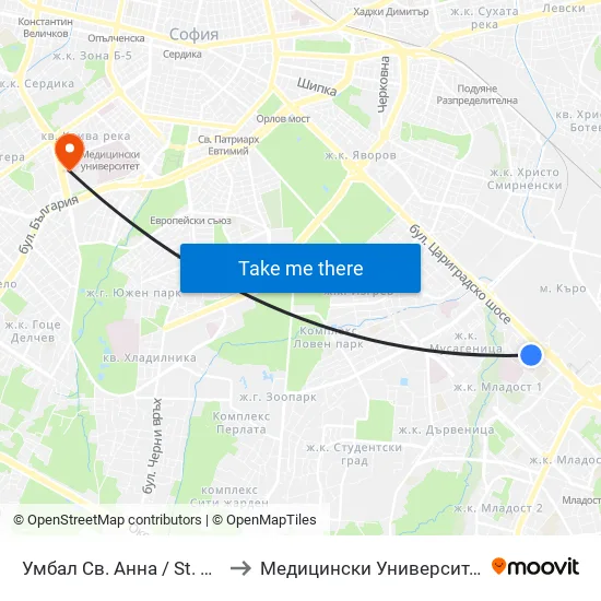 Умбал Св. Анна / St. Anna Hospital (1195) to Медицински Университет - София (Ректорат) map