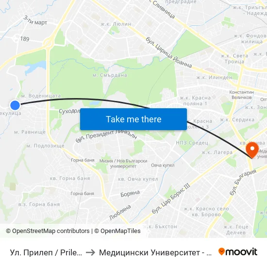 Ул. Прилеп / Prilep St. (1682) to Медицински Университет - София (Ректорат) map