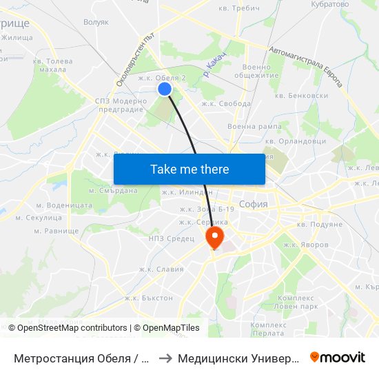 Метростанция Обеля / Obelya Metro Station (0059) to Медицински Университет - София (Ректорат) map