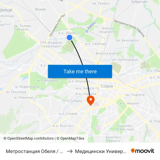 Ⓜ️ Метростанция Обеля / Obelya Metro Station (0059) to Медицински Университет - София (Ректорат) map