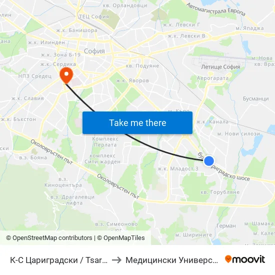 К-С Цариградски / Tsarigradski Complex (2643) to Медицински Университет - София (Ректорат) map