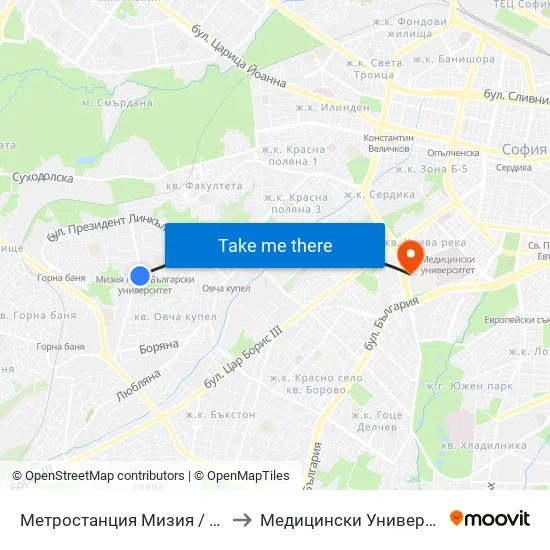 Ⓜ️ Метростанция Мизия / Moesia Metro Station (0361) to Медицински Университет - София (Ректорат) map