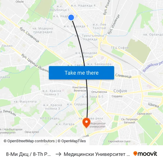 8-Ми Дкц / 8-Th Polyclinic (0044) to Медицински Университет - София (Ректорат) map