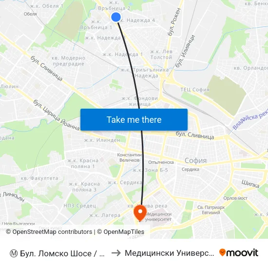 Ⓜ️ Бул. Ломско Шосе / Lomsko Shose Blvd. (0334) to Медицински Университет - София (Ректорат) map