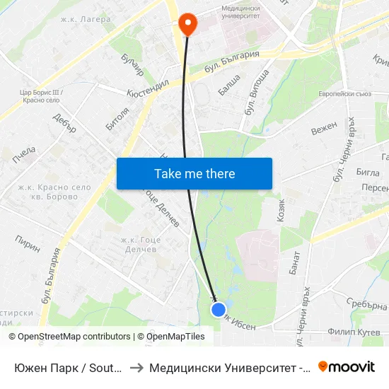 Южен Парк / South Park (0861) to Медицински Университет - София (Ректорат) map